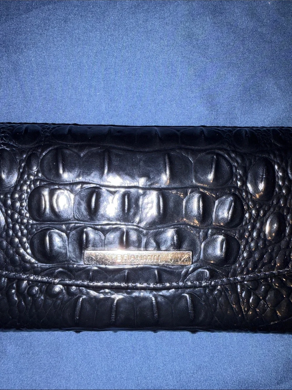 Brahmin Black Croc-Embossed Clutch with Gold Hardware